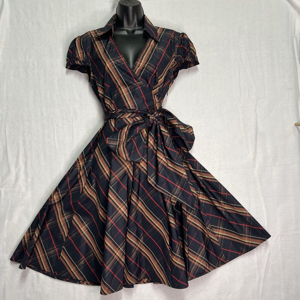 Moda International Plaid Wrap Dress Size 6 Dark Academia Vintage Style Collared